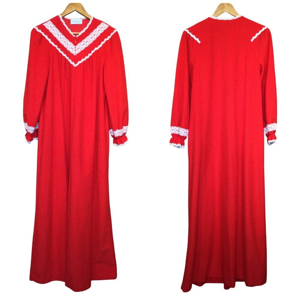 Vassarette Red Lace Trim Vintage Nightgown Size M Girlhoodcore Velour